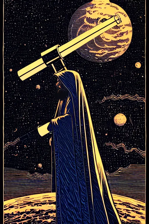 Prompt: cloaked wizard gazing into a telescope, high details, intricately detailed, by vincent di fate, inking, 3 color screen print, masterpiece, trending on artstation,, sharp, details, hyper - detailed, hd, 4 k, 8 k