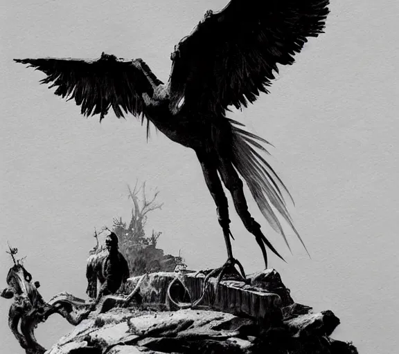 Image similar to a cultist worshipping the altar of the sectretarybird by Frank Frazetta, trending on pixiv, HD, detailed, full width