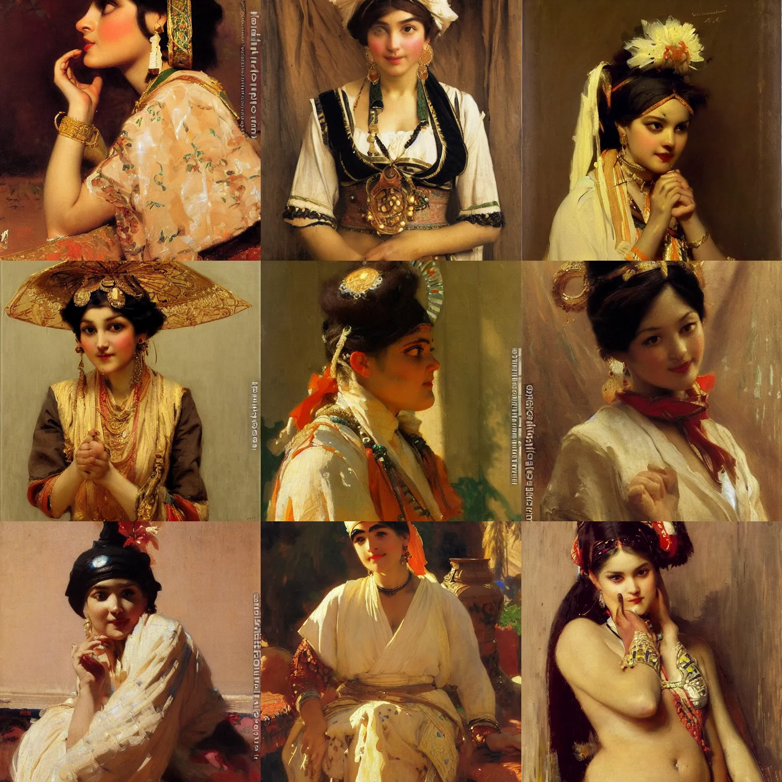 Prompt: orientalism cute attendant wearing bandeau face detail by theodore ralli and nasreddine dinet and anders zorn and nikolay makovsky and edwin longsden long, oil on canvas, masterful intricate artwork, excellent lighting, high detail 8 k
