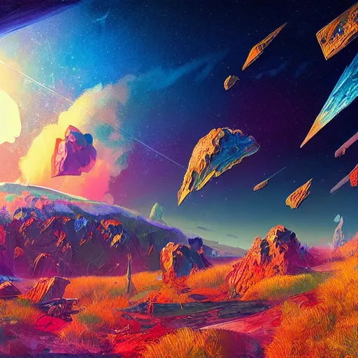 Image similar to Gigantic meteorite crashes into magic world planet, Bright colors, fantastic landscape, hyperrealism, no blur, 4k resolution, ultra detailed, style of Anton Fadeev, Ivan Shishkin, John Berkey