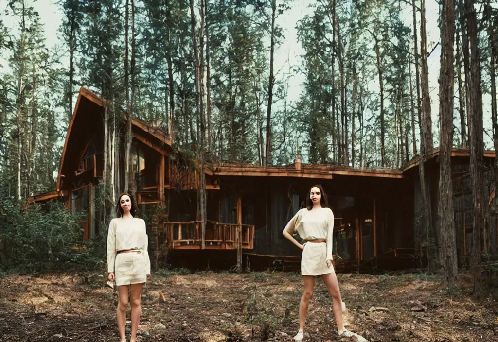 Prompt: lomo photo of adelaide kane standing i front of a modern forest cabin, cinestill, bokeh, out of focus