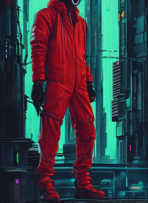 Image similar to cyberpunk character wearing jumpsuit and red jacket and cyberpunk headset. ( blade runner 2 0 4 9, dystopian, cyberpunk 2 0 7 7 character design ). attractive face. portrait by james gurney and laurie greasley, oil on canvas. cinematic, hyper realism, realistic proportions, full view, dramatic lighting, high detail 4 k