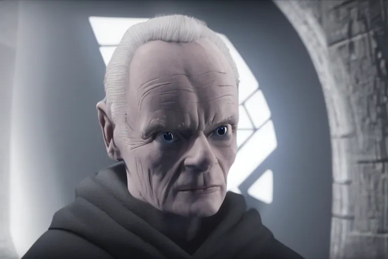 Image similar to a cinematic still of (Ian McDiarmid!!!) as palpatine, wearing sith hood, Ian McDiarmid, ((octane render, nvidia raytracing demo)), ((((lightning)))), masterpiece