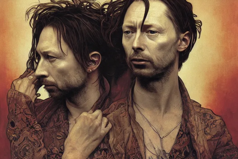 Image similar to hyper realistic portrait of ( ( ( thom yorke ) ) ) singer songwriter, side, liminal space, by lee bermejo, alphonse mucha and greg rutkowski