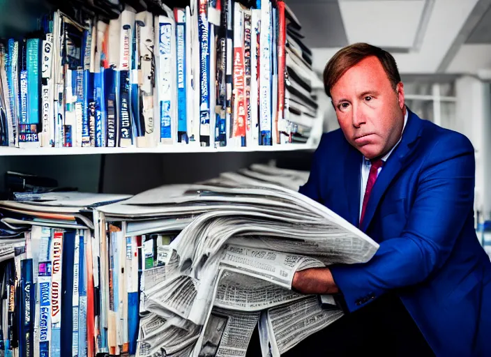 Image similar to dslr photo still of alex jones in a blue suit sitting depressed in a room filled to the ceiling with newspapers, 5 2 mm f 5. 6