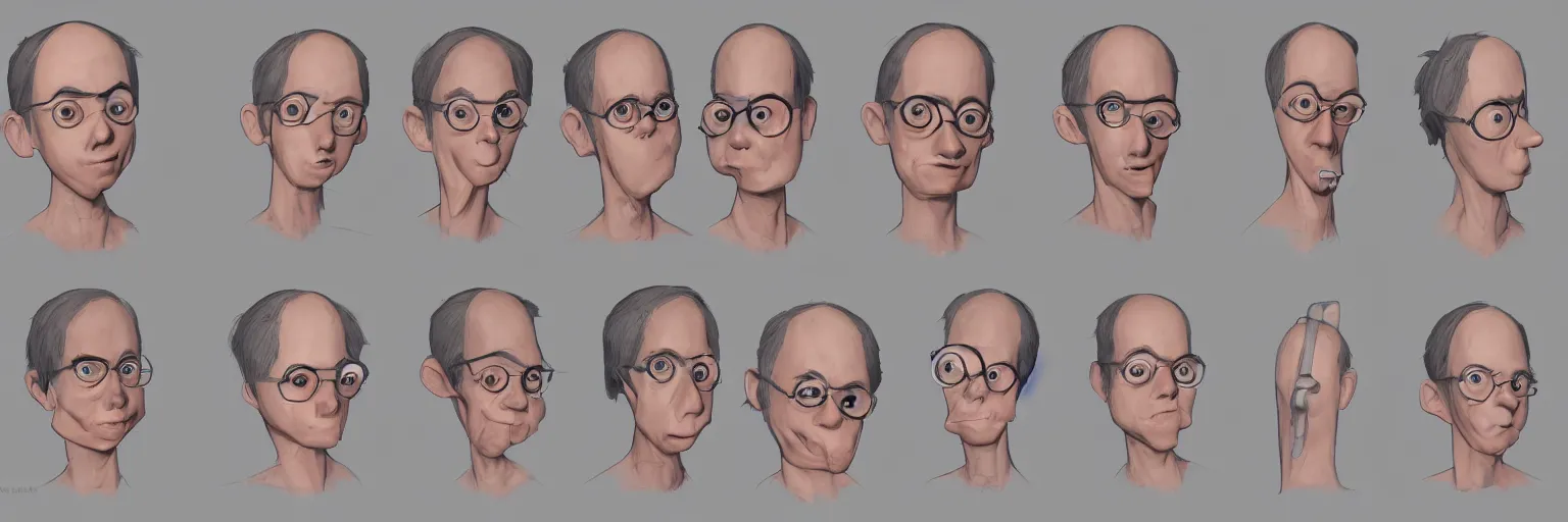 Image similar to character face study of skinny snorexic todd solondz, clear faces, emotional, character sheet, fine details, concept design, contrast, kim jung gi, pixar and da vinci, trending on artstation, 8 k, full body and head, turnaround, front view, back view, ultra wide angle