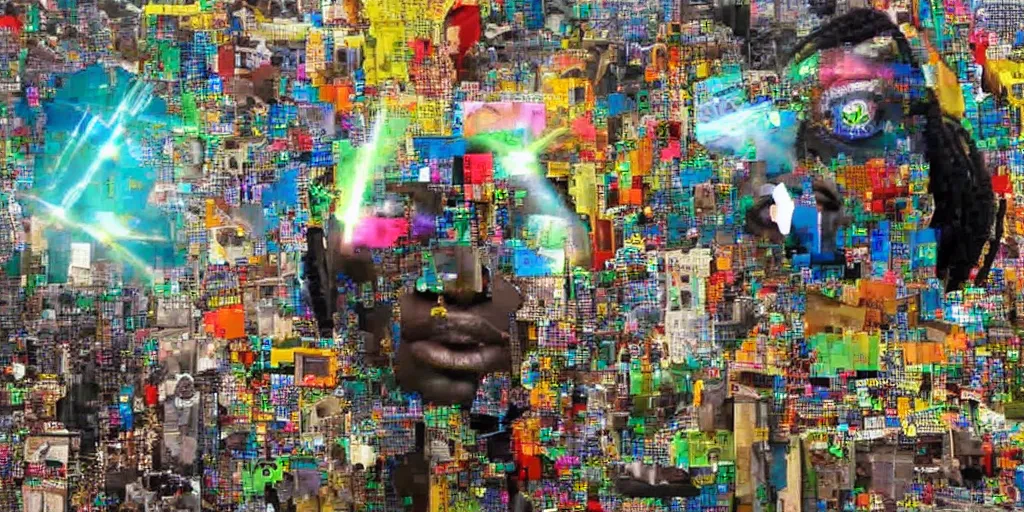 Image similar to robot of Ajegunle slums of Lagos inside African Jesus Christ about beauty surrounding a large UFO with neon ray of light, magazine collage,