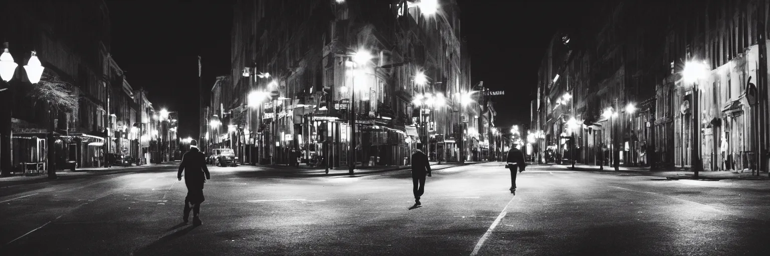 Image similar to a man walking at nightime, street lights, film noir