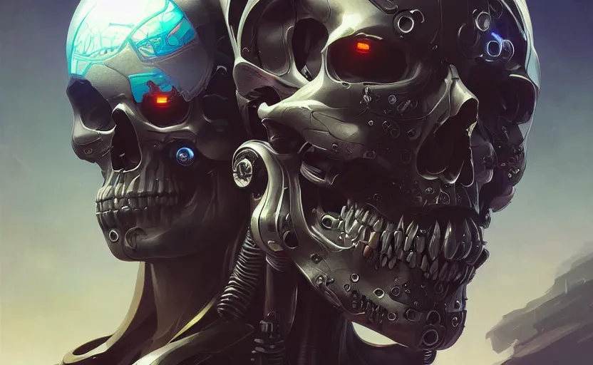 Prompt: Cyborg skull, sci-fi, highly detailed, digital painting, artstation, concept art, smooth, sharp focus, illustration, art by artgerm and greg rutkowski and alphonse mucha