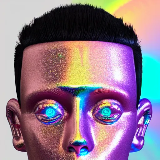 Image similar to 3d render of holographic human robotic head made of glossy iridescent, surrealistic 3d illustration of a human face non-binary, non binary model, 3d model human, cryengine, made of holographic texture, holographic material, holographic rainbow, concept of cyborg and artificial intelligence