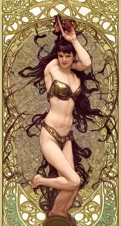 Image similar to Xena Warrior Princess, in the style of Art Nouveau, full-body, bloom, dynamic poses, diaphanous cloth, ornate, filigree, arcane, cinematic lighting, by Alphonse Mucha, by Artgerm, by Bouguereau, by Sakimichan, fantasy, portfolio illustration, highly detailed, trending on Artstation, CGsociety, HQ, 8k, 35mm lens, f2.8, Bokeh,
