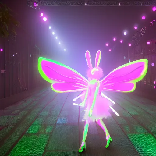 Image similar to neon fluorescent, iridescent cute bunny rabbits with fairy wings cyperpunk 2 0 7 7, unreal engine 5, 8 k ultra realistic, hyperdetailed, volumetric lighting, extremely high quality