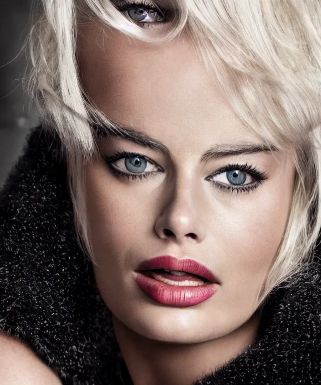 Image similar to photo of margot robbie, platinum blond, intense, exaggerated facial features, photorealistic caricature, by sebastian kruger