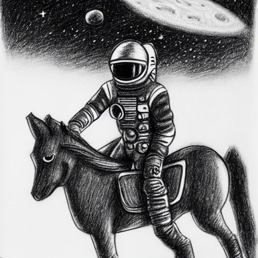 Image similar to Pencil drawing of a spaceman riding a pony at the moon