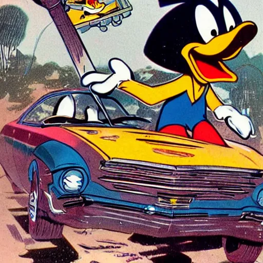 Image similar to shocking and horrifying picture of Donald Duck smashing his car with a hammer. leather jacket, black makeup. character design by Bruce Pennington, detailed, inked, western comic book art