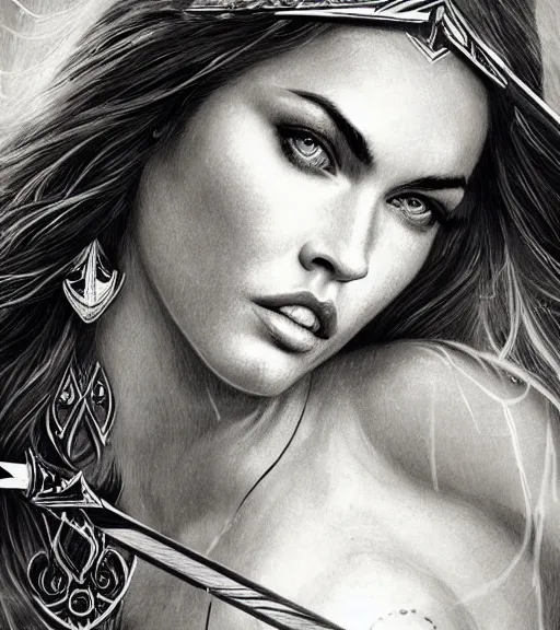 Image similar to portrait of megan fox as beautiful aphrodite goddess as an archer, arrow crown, beautiful piercing eyes, flowing blonde hair, realistic face, black and white drawing, in the style of greg rutkowski, fantasy, amazing detail, epic, intricate, elegant, smooth, sharp focus