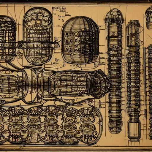 Prompt: schematic blueprint of highly detailed ornate filigreed convoluted ornamented elaborate medical equipment, art by da vinci