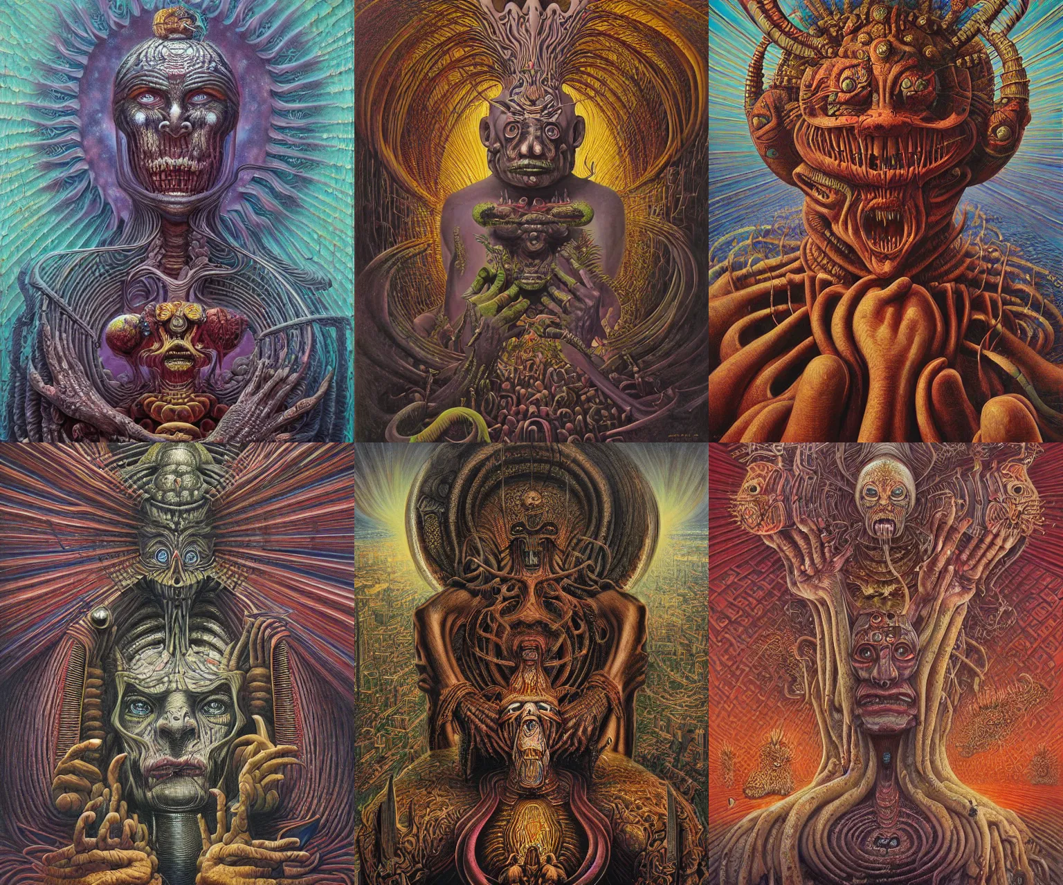 Prompt: omnious DMT slaanesh deity by jacek yerka, alex gray, zdzisław beksiński, dariusz zawadzki, jeffrey smith and h.r. giger, oil on canvas, 8k highly professionally detailed