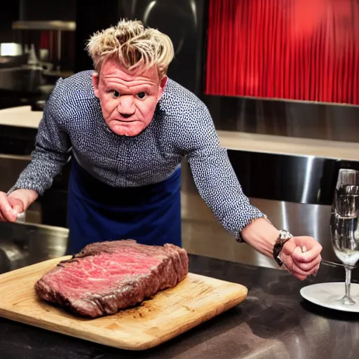 Image similar to gordon ramsay eating steak from a toilet