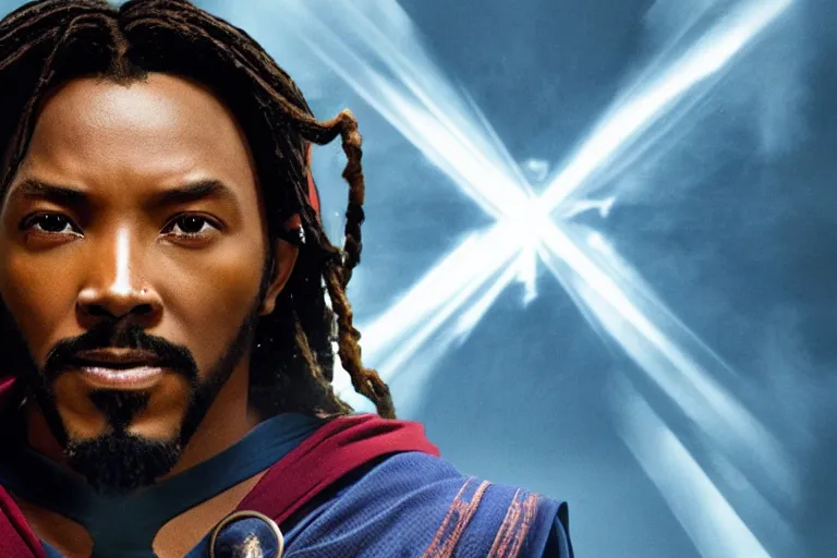 Image similar to film still of dark-skinned Jesus Christ as Doctor Strange in new Avengers film, 4k