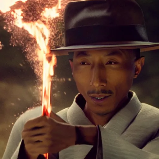 Image similar to cinematic film still Pharrell Williams starring as a Samurai holding fire, Japanese CGI, VFX, 2003, 40mm lens, shallow depth of field,film photography