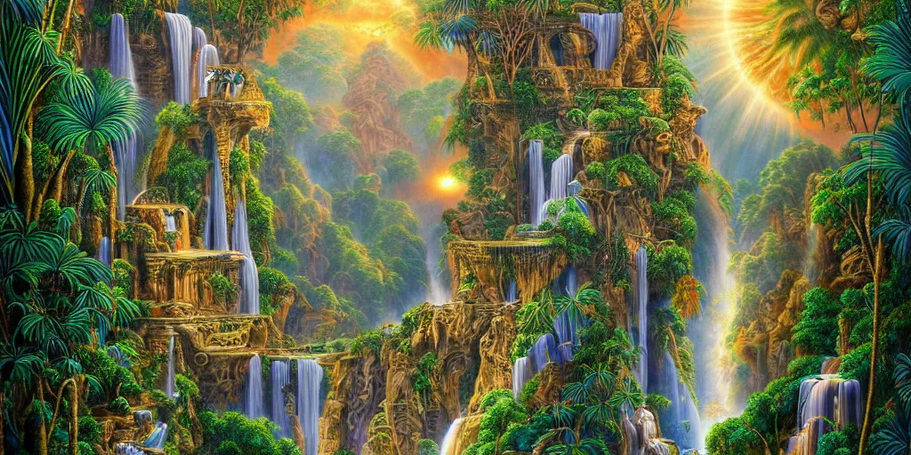 Prompt: visionary art, tropical eastern waterfall valley, with great birds, rich geometry, precise and incredibly highly detailed intricate 8 k wallpaper, john stephens, intricate stunning award winning masterpiece trending on artstation