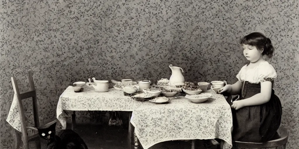 Image similar to a girl has breakfast with her cat at the table filled with food, flowery wallpaper, 1 8 8 0 s style, professional photography