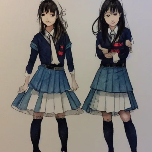 Image similar to a perfect, realistic professional concept sketch of two Japanese schoolgirls posing, in style of Marvel, full length, by pen and watercolor, by a professional American senior artist on ArtStation, a high-quality hollywood-style sketch, on high-quality paper