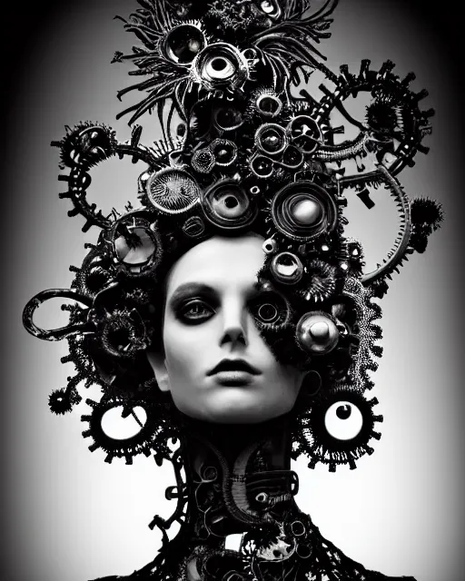 Prompt: surreal dark poetic black and white photo portrait of complex bio-mechanical beautiful young silver female vegetal-cyborg with a Mandelbrot fractal steampunk metal fine lace face, a very long neck and a fine metal floral foliage super big lace collar by Vivienne Westwood:: smoke, high fashion, haute couture, rococo, steampunk, avant-garde, silver filigree details, anatomical, facial muscles, cable wires, microchip, elegant, dreamy, foggy atmosphere, hyper realistic, 150 mm lens, soft rim light, octane render, unreal engine, picture was taken in 1910 by Man Ray, volumetric lighting, dramatic light,8k,