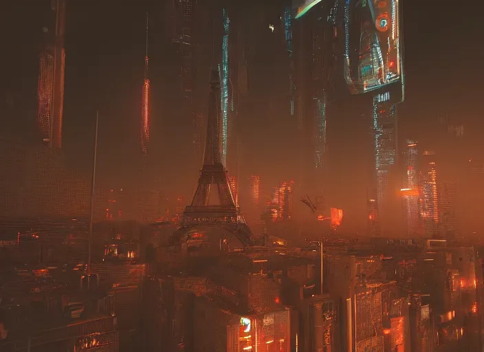 Image similar to cyberpunk scifi scene of paris at night, scifi drone, artstation, matt painting, very detailed, maximalism, ambient occlusion, volumetric light, atmospheric haze, unreal engine, hyper realism, realistic shading, cinematic composition, realistic render, octane render, detailed textures, photorealistic, wide shot