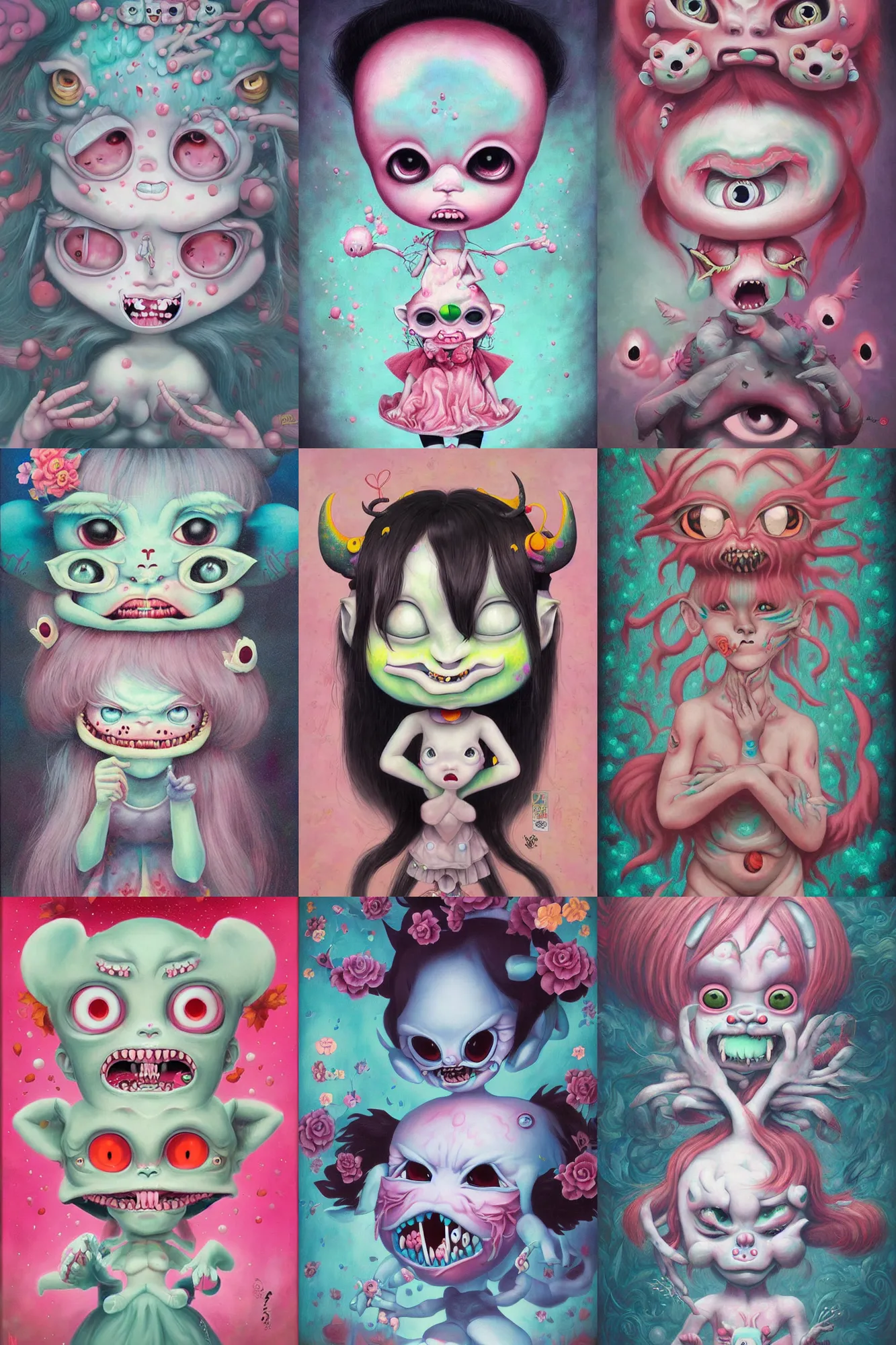 Prompt: digit painting of a cute, weird, cool oni demon by amy sol hikari shimoda, mark ryden, pastel colors
