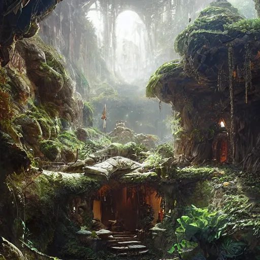 Prompt: worm's eye view of a elven headquarters carved inside a mountain above a arranged garden, neat and tidy, magical, natural light, fantasy, sharp focus, concept art, by greg rutkowski and craig mullins, cozy atmospheric