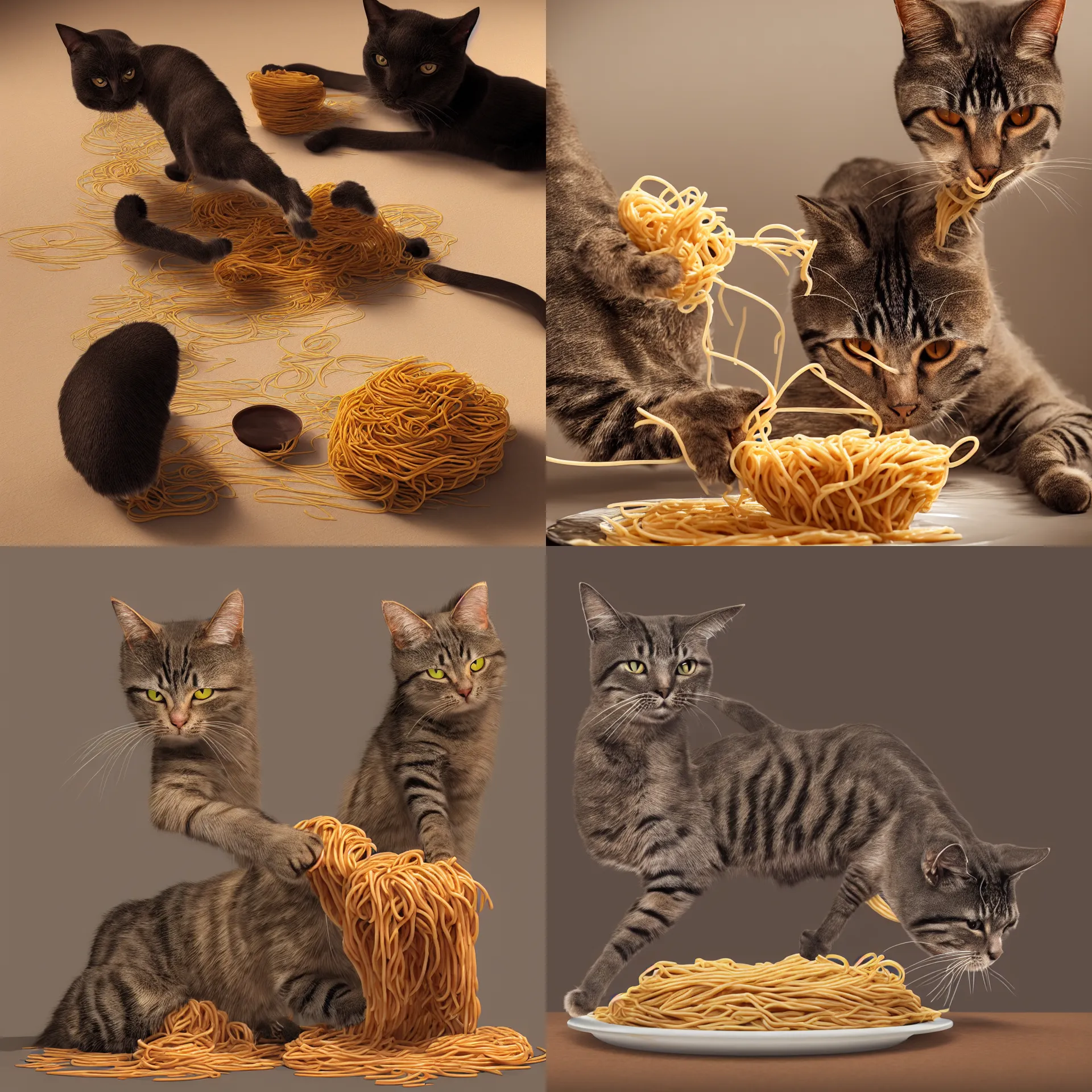 Prompt: a cat eating spaghetti, stylized as a 3 d render unreal engine, unity 3 d, ray tracing, octane render, cryengine, vray, houdini render, cgi by carl gustav carus highly detailed, intricate, ultrafine detail, micro details, volumetric lighting, in the golden hour, dynamic lighting, dramatic lighting, colorful