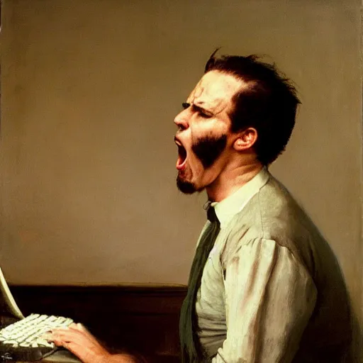 Image similar to an angry man yells at his computer monitor, oil on canvas, 1 8 8 3, highly detailed, high resolution