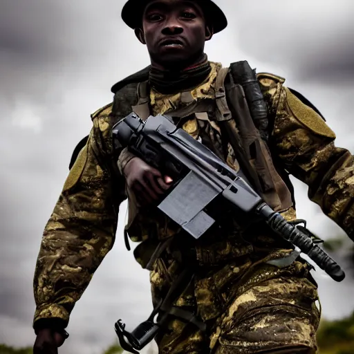 Prompt: Portrait of a black modern British army soldier in full gear carefully moving through enemy territory, photography, cinematic lighting, 4k, award-winning, combat