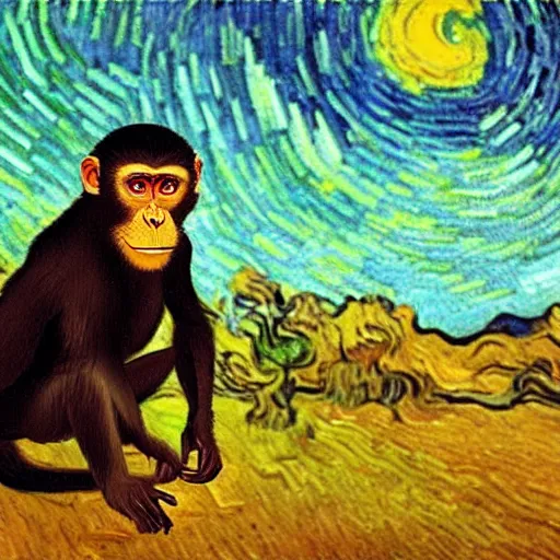 Image similar to a beautiful oil painting of a monkey in a tesla , 8k , award winning , made in 1800's , old , painted by vincent van gogh