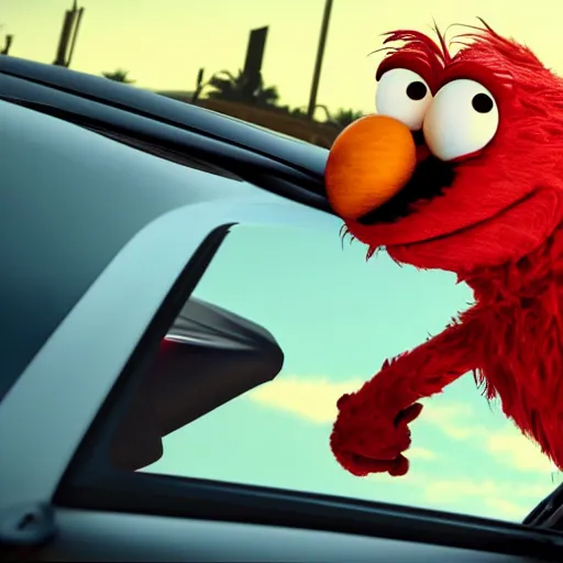 Image similar to Elmo driving a sports car, cinematic, cinematic lighting, HD, movie experience