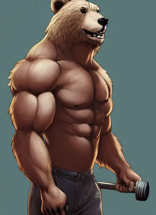 Prompt: award winning beautiful portrait commission art of a muscular male furry anthro grizzly bear fursona with a cute beautiful attractive detailed furry face wearing gym shorts and a tanktop at the gym. Character design by charlie bowater, ross tran, artgerm, and makoto shinkai, detailed, inked, western comic book art
