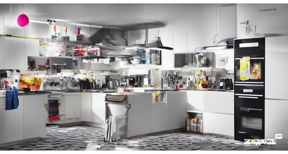 Prompt: IKEA catalogue photo of a cyberpunk kitchen on a spaceship, by Takashi Murakami