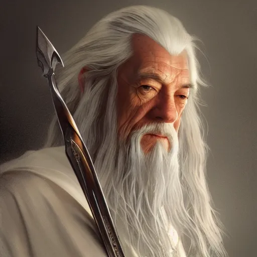 Prompt: a portrait of gandalf cinematic lighting, photorealistic, octane render, 8 k, depth of field, 3 d, art by artgerm and greg rutkowski and alphonse mucha and uang guangjian and gil elvgren and sachin ten