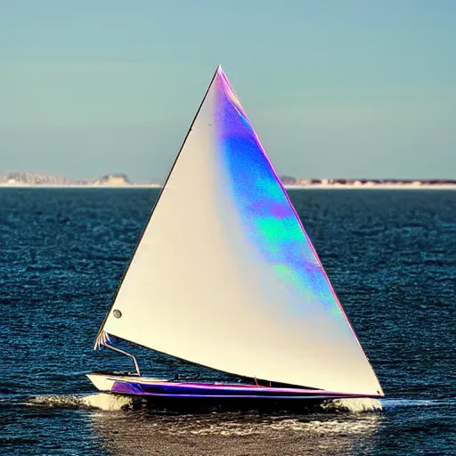 Prompt: a sailboat with an iridescent clear plastic sail