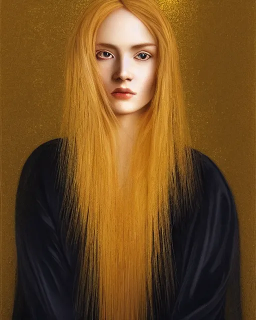 Prompt: realistic portrait of a mysterious woman made of gold in silky clothes with long golden hair, detailed, 1 4 5 0, delicate, hyper realism, ultra realistic, 8 k