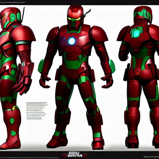 Image similar to iron man x boba fett character design sheet, digital art, deviantart, artstation, octane render