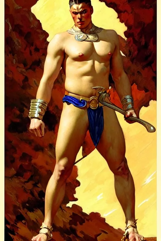 Image similar to warrior, attractive male, character design, painting by j. c. leyendecker, gaston bussiere, frank frazetta, tom of finland, trending on artstation