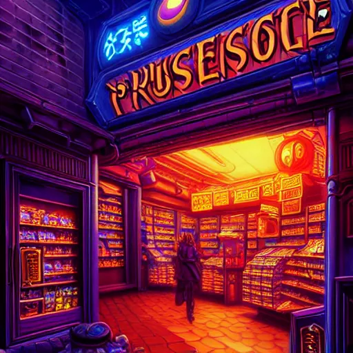 Prompt: fantasycore, eldritch, psychic, masterpiece, 8k resolution, scrollwork, magic conduits, zBrush, cel-shaded, 2099 neo-tokyo, convenience store, art by greg hildebrandt, composition by octane render, hyperrealistic