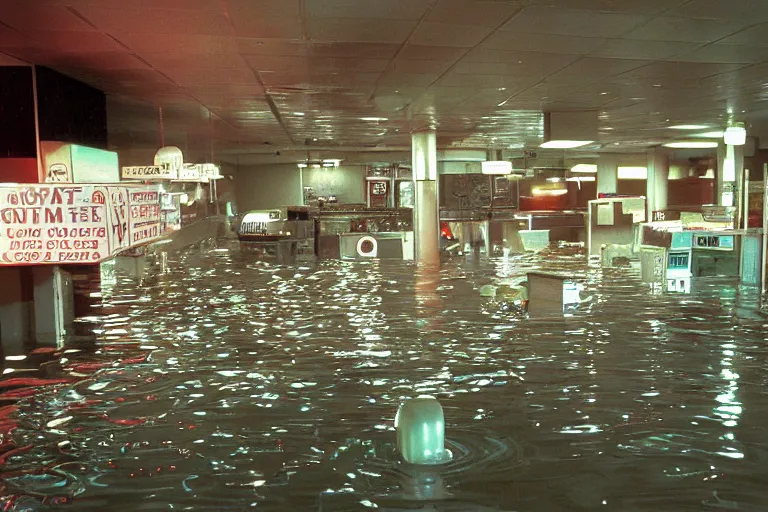 Image similar to flooded mcdonald's mc - aspic aspic meal, in 1 9 9 5, y 2 k cybercore, industrial low - light photography, still from a ridley scott movie