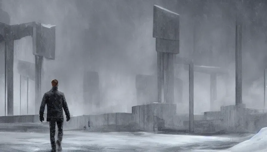 Prompt: concept art in the style of jon mccoy of the next james bond film featuring an older pierce brosnan, who is in tactical winter gear walking towards a brutalist structure in the distance, highly detailed, 8 k