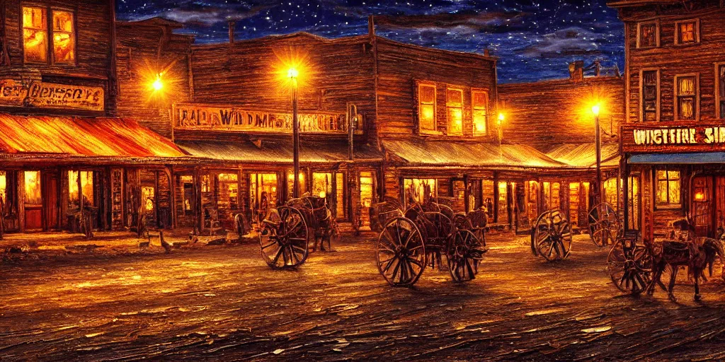 Image similar to oil painting of wild west small town, western, old west, nighttime, high production value, intricate details, high resolution, hyperrealistic, hdr, high definition, masterpiece, ultra realistic, highly detailed, hd, sharp focus, non blurry, sharp, smooth