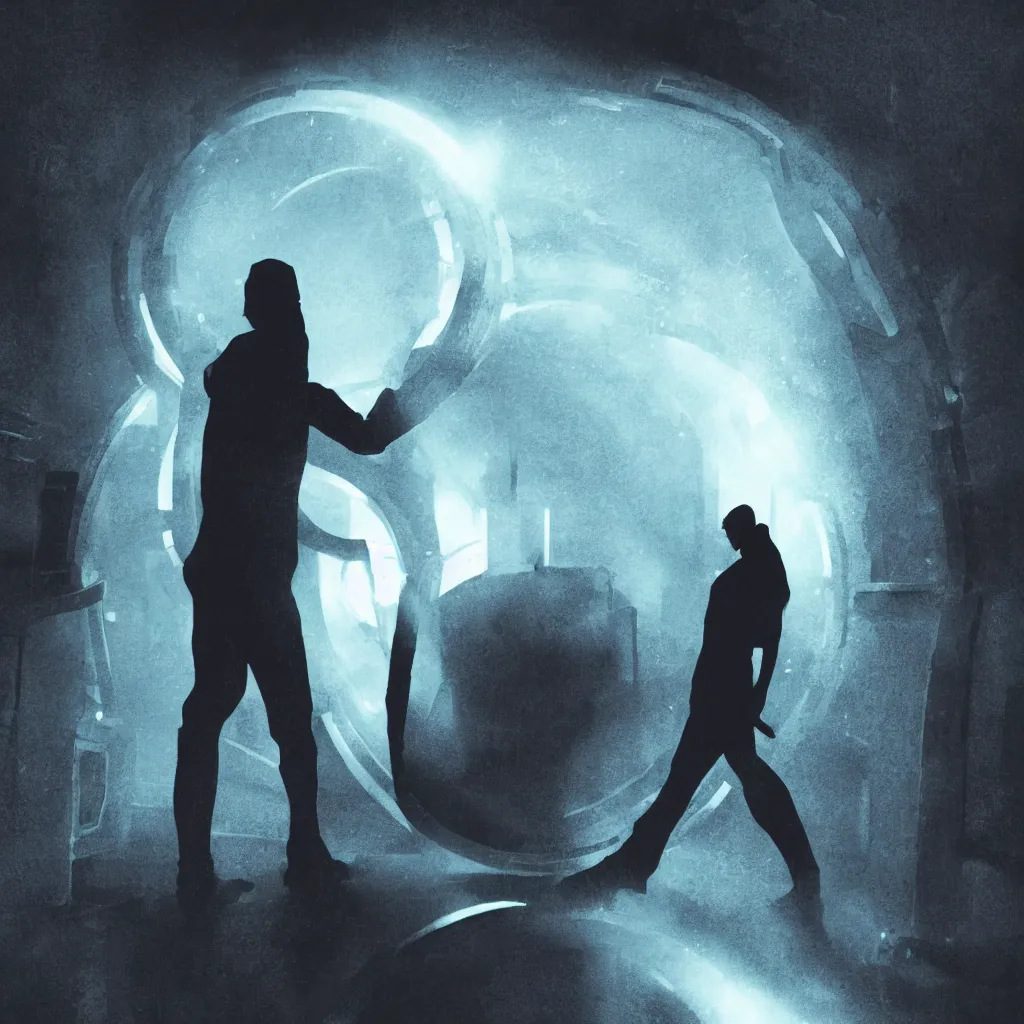 Image similar to a silhouette of a man standing before a glowing doorway portal in the middle of a dark laboratory, movie poster, cinematic lighting, sci - fi concept art, movie concept art, cinematic framing, blockbuster movie poster