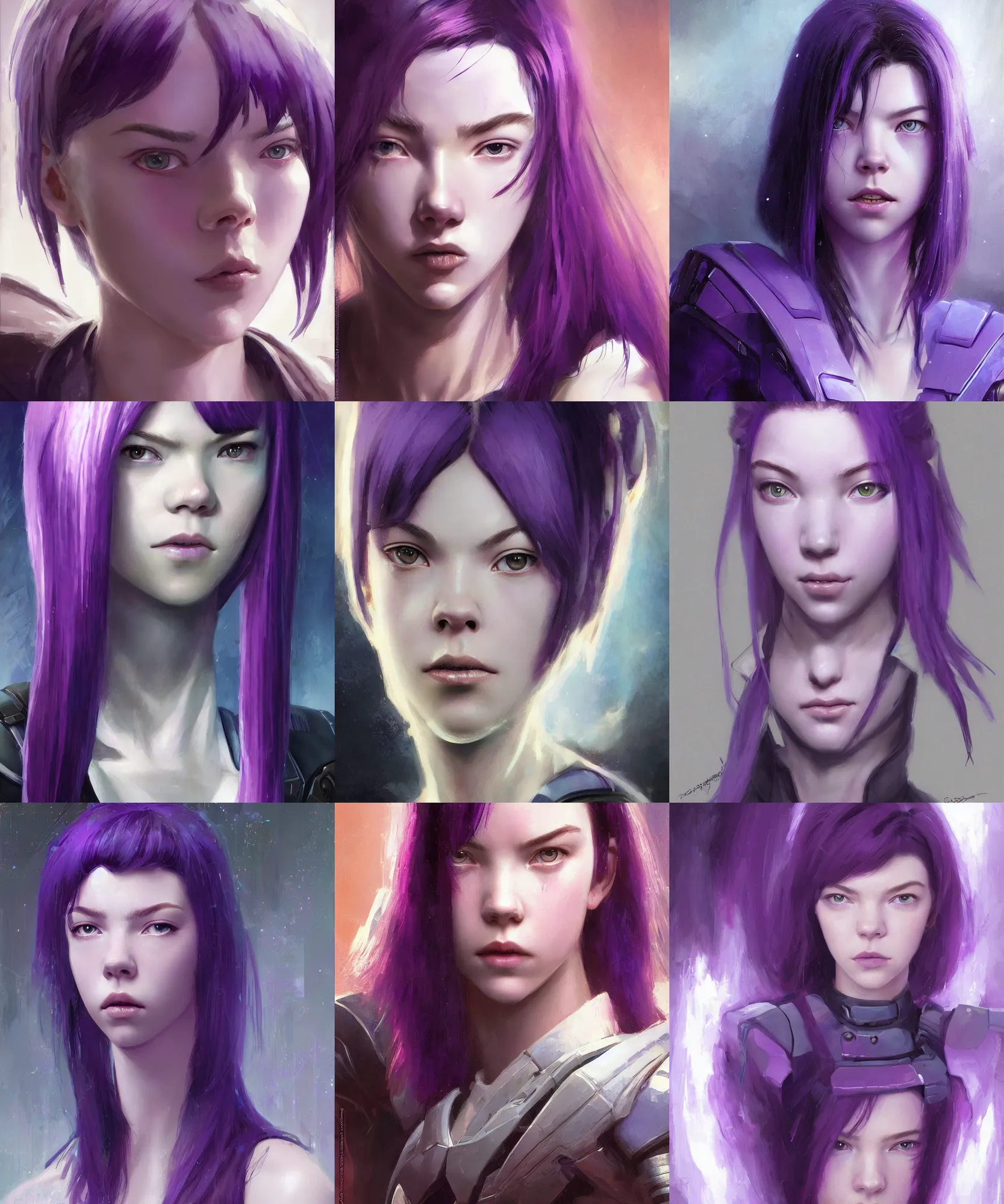 Prompt: digital art painting of a young woman similar to anya taylor - joy as motoko kusanagi, purple hair, in a futuristic police costume dnd portrait painted by craig mullins and gaston bussiere and greg rutkowski, symmetrical face, defined facial features, symmetrical facial features, dramatic lighting, medium close up